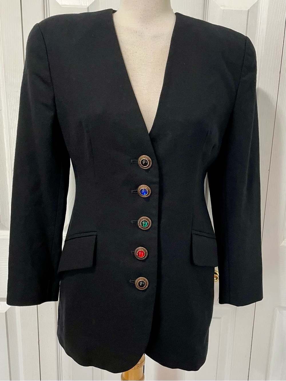 Vintage Ann Taylor Black Women's Tailored Wool Blazer with Color-Accent Buttons